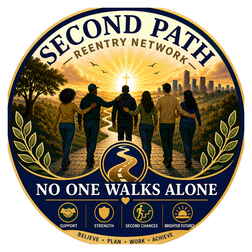 Second Path Reentry Network seal: people walking together on a winding path toward sunrise. Support, Strength, Second Chances, Brighter Futures. Believe, Plan, Work, Achieve.